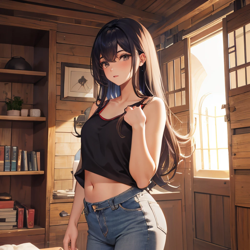 1girl, (obra-prima), (melhor qualidade), (ultra detalhado), roupa detalhada, cores vibrantes, rico em detalhes e texturas, foco afiado, profundidade de campo, cinematic lighthing, realista, middlebreasts, olhos vermelhos, cabelo castanho profundo, cabelo longo, pontas onduladas, franja, (((camisola leve cinza))), umbigo, jeans, ao ar livre,