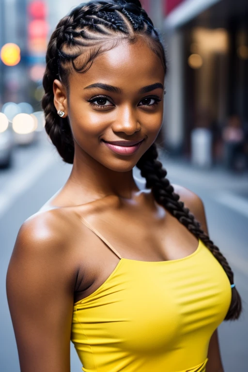 An attractive ,dark-skinned 20 yo ，Has the perfect face shape , ( smooth forehead))((long eyelashes)), petite body shape ,hourglass figure,(( WEARING A SHORT YELLOW DRESS))big brown eyes ,((detailed pupils)) , and cute lips, and has a breathtaking ((smile and deep dimples)),(( girl with dimples)) , (( perfect cornrows hairstyle))she poses for a picture while outdoors at a busy street, ((girls with dimples)) (( detailed pupils)), uhd,realistic textures, photorealistic,8k,a masterpiece