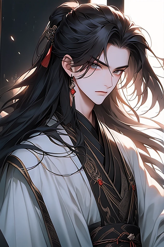 Summer palace，18 year old young male，cabelos preto e longos，high ponytail focus，（the only person，：1.2），Chinese courtyard，Black ancient Hanfu robe，An elegant and luxurious beautiful man，prinz，that tree，Tomorrow，lake，railing，Best Adoni quality，concept-art，Hand-drawn 2D style，Dramatic expression，（cow boy shooting）， white background