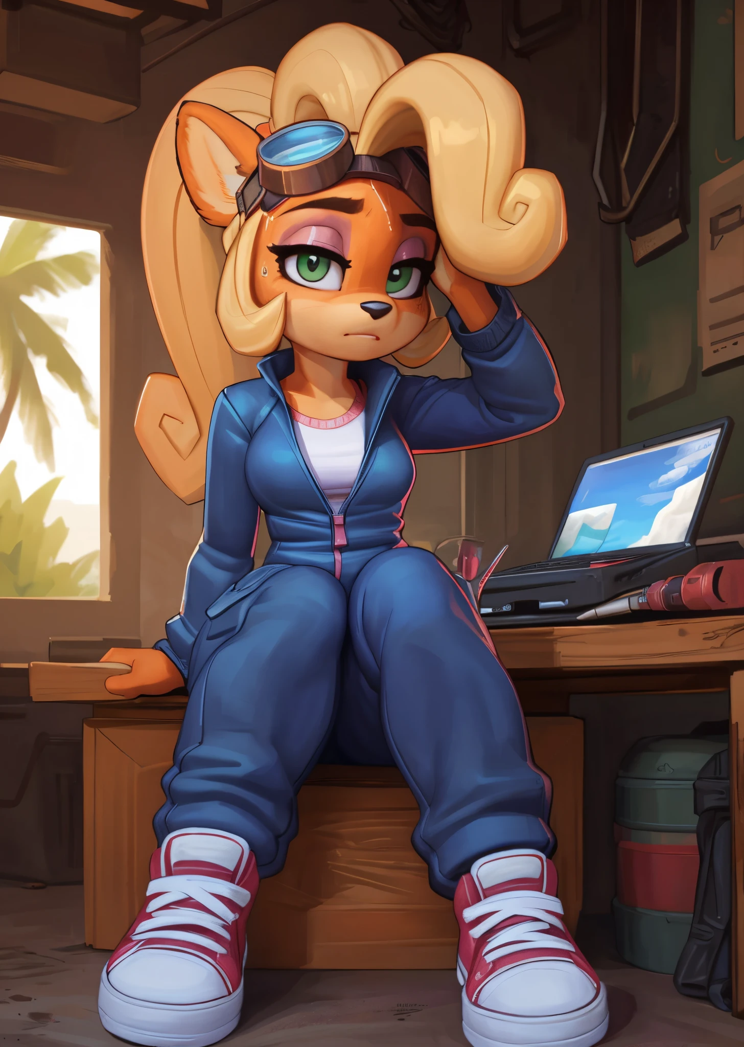 [Coco bandicoot], [Uploaded to e621.net; (Pixelsketcher), (wamudraws)], ((masterpiece)), ((HD)), ((solo portrait)), ((full body)), ((back view)), ((feet visible)), furry; anthro)), ((detailed fur)), ((detailed shading)), ((beautiful render art)), ((intricate details)), {anthro; orange fur, black nose, (cute green eyes), (pink eyeshadow), blonde curly hair, curly ponytail, (small boobs), (curvy hips), (beautifil feet), (sweat on forehead), (blushing), (expressionless), (lolipop mouth)}, {(pink zip-up jumpsuit), (white shirt red lining under jumpsuit), (long sleeves), (utility belt), (goggles on head)}, {(sitting on workbench), (typing on laptop), (looking ahead)}, [background; (pink laptop on desk), (tropical forest), (garage), (blue sky), (sun rays), (ambient lighting)]