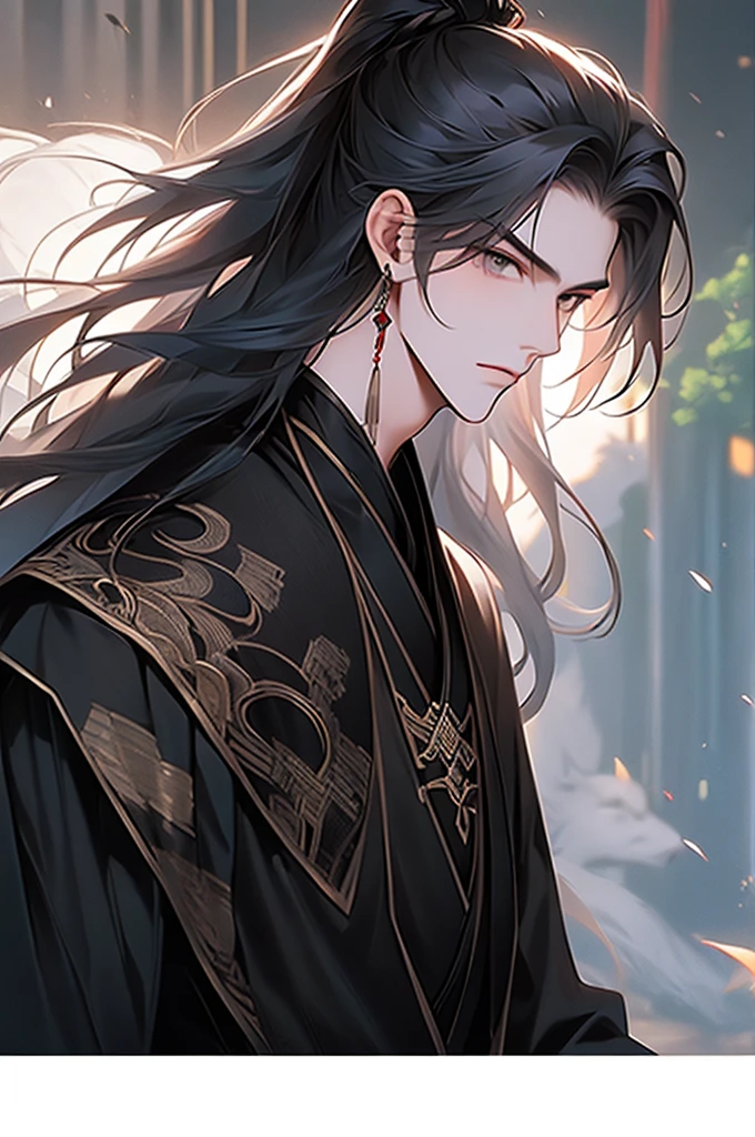 Summer palace，18-year-old young male，cabelos preto e longos，high ponytail focus，（the only person，：1.2），Chinese courtyard，Black ancient Hanfu robe，An elegant and luxurious beautiful man，prinz，that tree，Tomorrow，lake，railing，Best Adoni quality，concept-art，Hand-drawn 2D style，Dramatic expression，（cow boy shooting）， white backgrounid