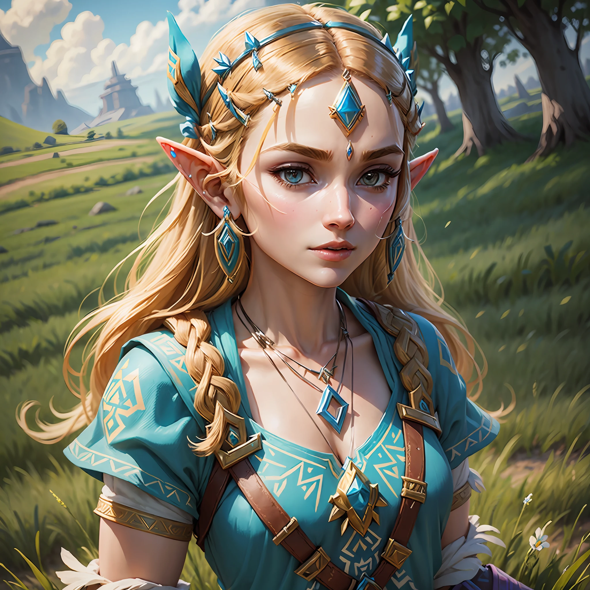 Closeup of Princess Zelda standing in field with necklace on forehead, Zelda Botw, Botw, estilo Botw, zelda breath of the wild, Sopro da Natureza, Breath of the Wild (Nature's Breath), Princesa Zelda, Zelda, Retrato de Zelda --auto --s2