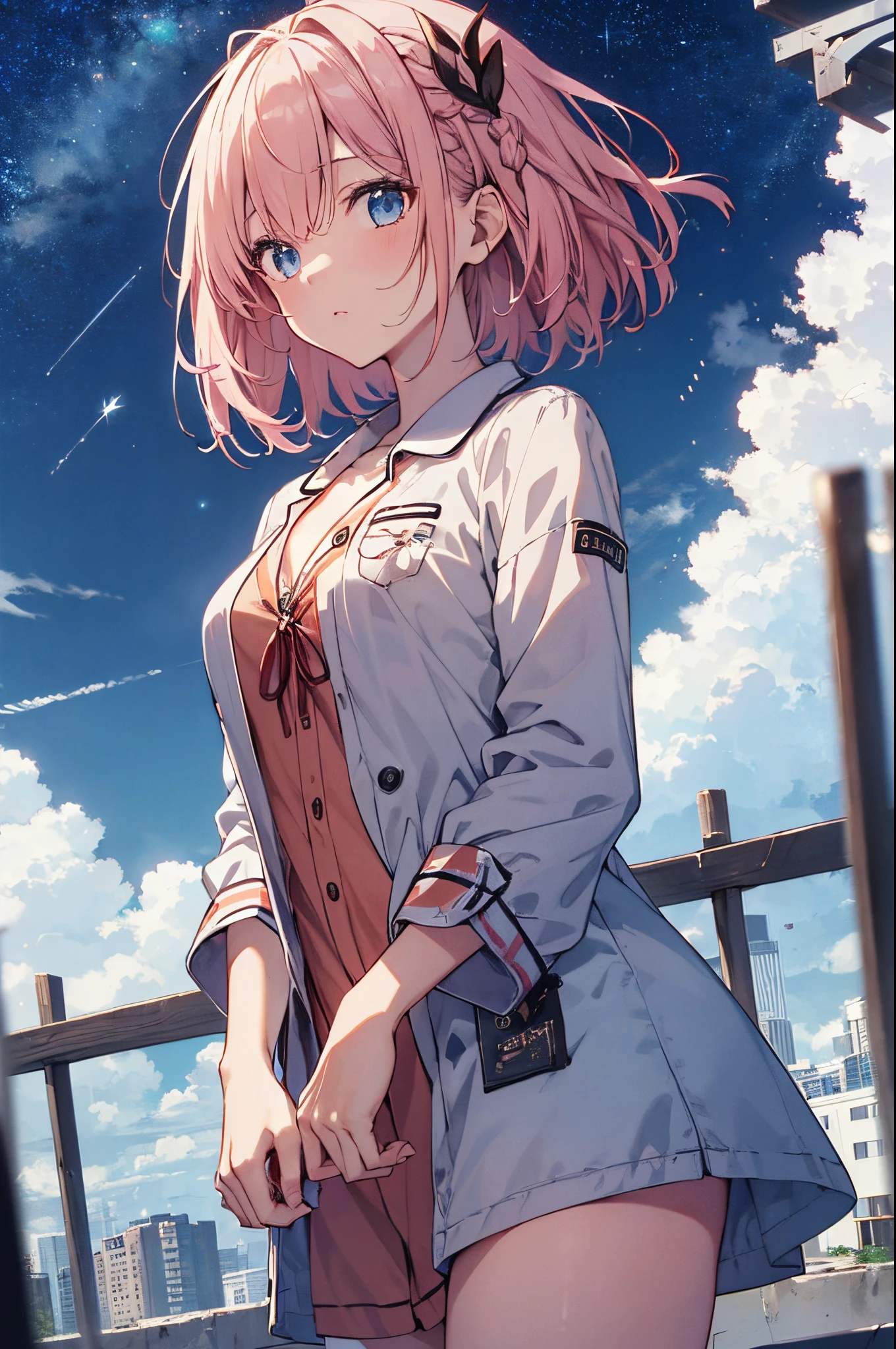 (Girl with a nasty appearance:1.3)、(Daytime:1.5)、(and chest:1.4)、Raw photography, top-quality, hight resolution, (masterpiece), (Photorealsitic:1.4), (Mole under the eyes),Anime , foco nítido, nffsw, 8K分辨率, intricate detailes, depth of fields, the Extremely Detailed CG Unity 8K Wallpapers, front lit, femele,25-years old、 Sleepy face,(tying hair:1.5)、see -through、(Medium pink hair)、blue eyess,(Starry sky:1.5)、(s Pajamas:1.3)、(Full body depiction)
