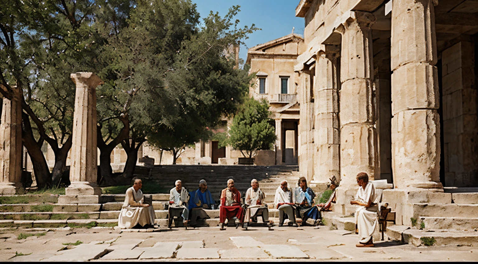 a realistic photo of a group of philosophers gathered in a square in ancient Greece, high detailed, high resolution, high quality, 8k, cinematic