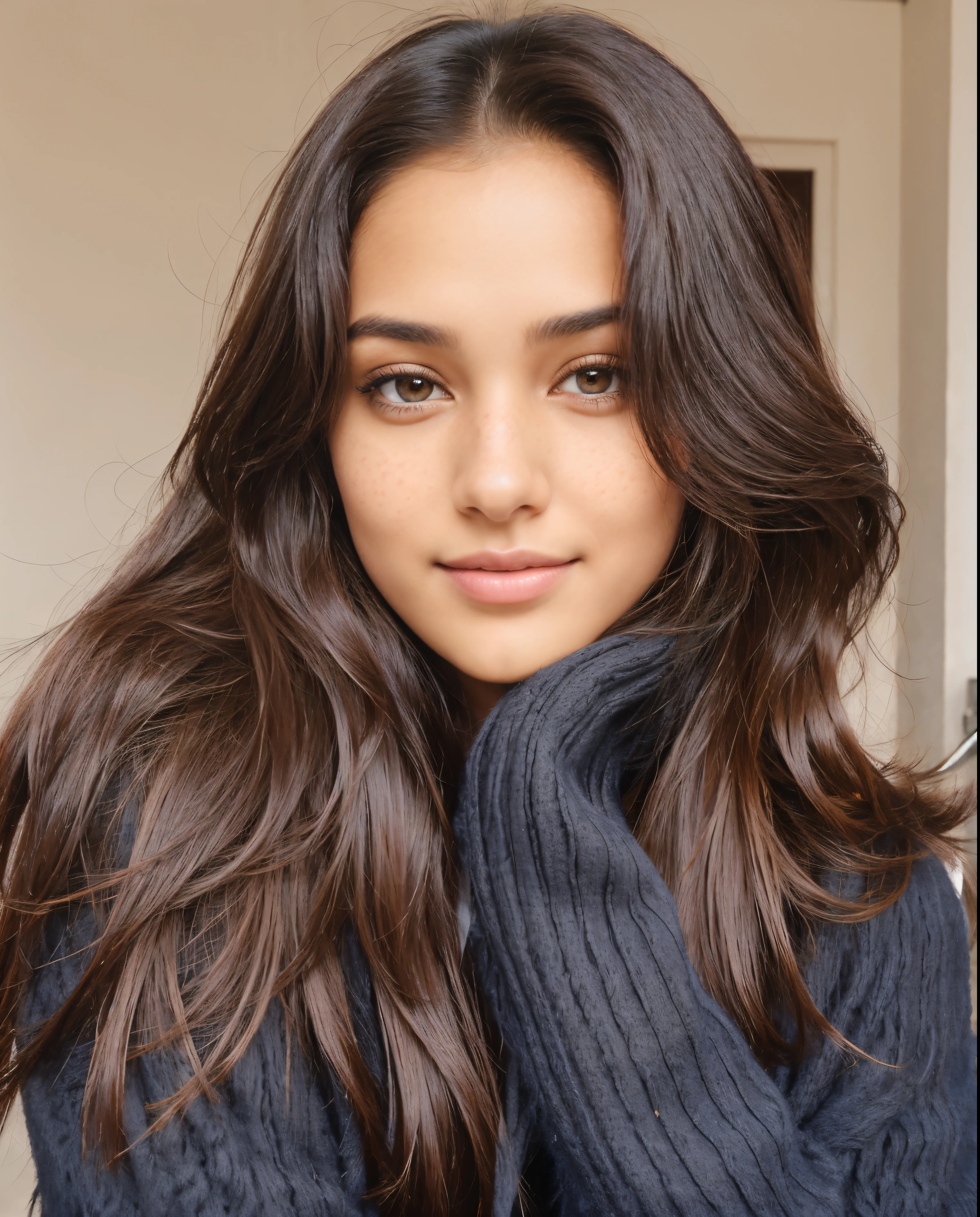 Beautiful ,23 years young girl,confident looking,8k,realistic,dark brown hair,fair skin, indian,long hair,clear facial features, wearing Scarves and short jacket, background cold climate, hair ponytail, freckles on face,