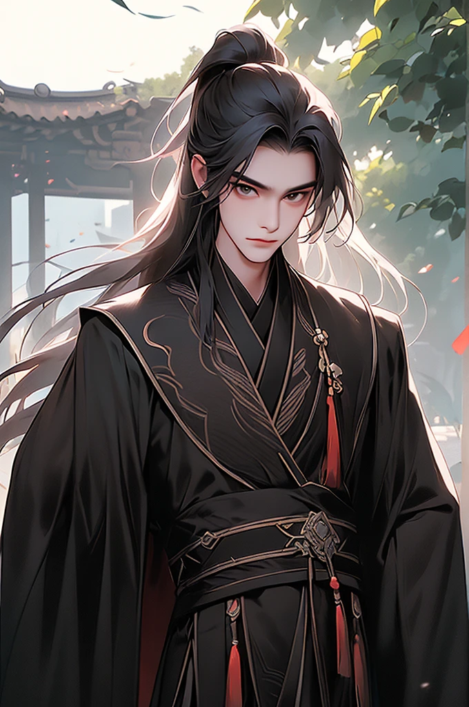 Summer palace，18 year old young male，cabelos preto e longos，high ponytail focus，（the only person，：1.2），Chinese courtyard，Black ancient Hanfu robe，An elegant and luxurious beautiful man，prinz，that tree，Tomorrow，lake，railing，Best Adoni quality，concept-art，Hand-drawn 2D style，Dramatic expression，（cow boy shooting）， white backgrounid，（Shooting from front）