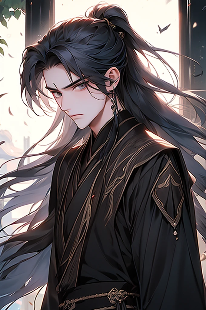 Summer palace，18 year old young male，cabelos preto e longos，high ponytail focus，（the only person，：1.2），Chinese courtyard，Black ancient Hanfu robe，An elegant and luxurious beautiful man，prinz，that tree，Tomorrow，lake，railing，Best Adoni quality，concept-art，Hand-drawn 2D style，Dramatic expression，（cow boy shooting）， white backgrounid，（Shooting from front）