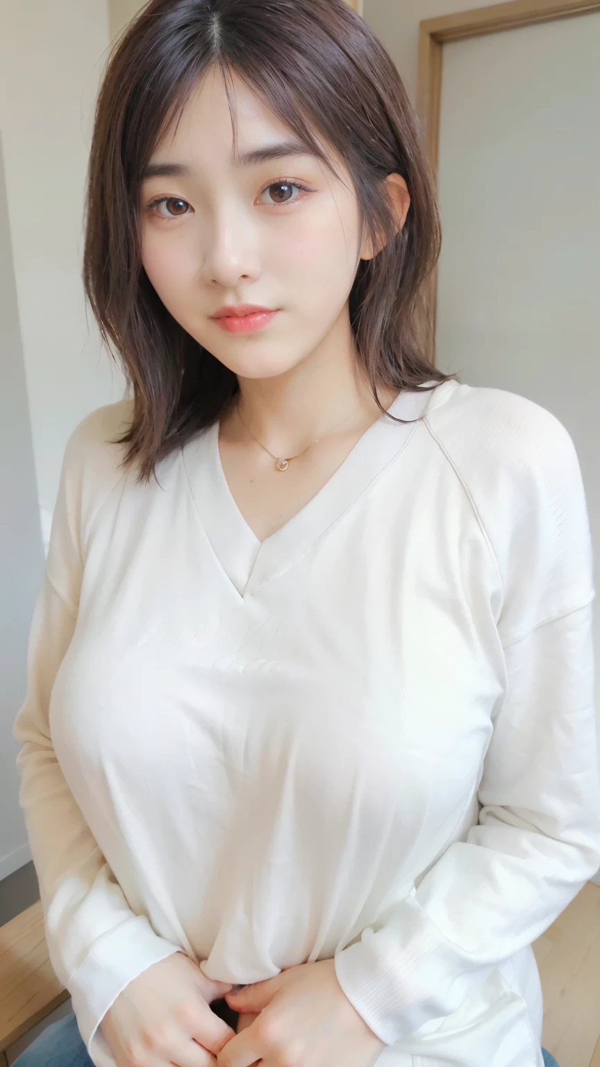 (top-quality、8K、32K、masterpiece)、Japan beauties、((huge-breasted))、very short long hair、The upper part of the body、sface focus、Cotton sweater、simple background、Beautiful feces staring at the viewer、Kawaiikin details、A smile、Long hair