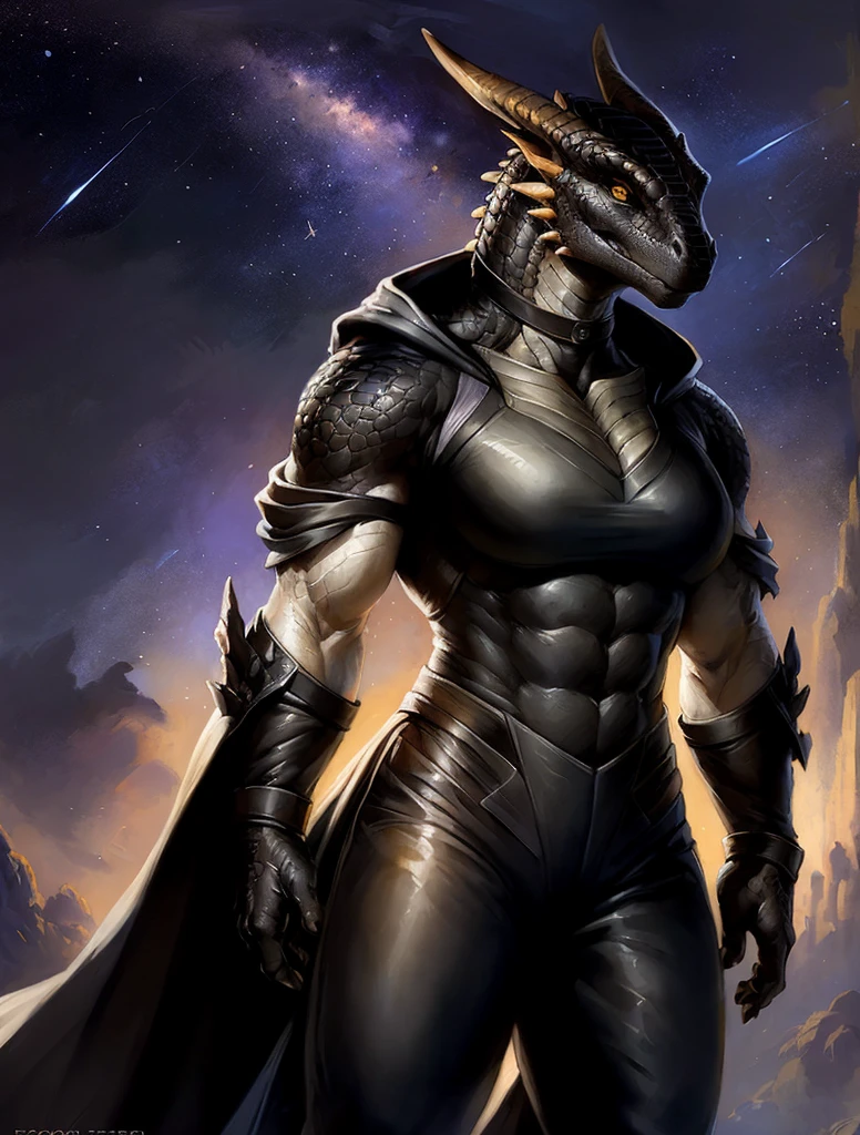 Dragon girl, big chest, day, sexy, sensual, detailed, uploaded to e621, beautiful and detailed portrait of an powerful anthropomorphic dragon ((female))) kenket, ross tran, ruan jia, uploaded to e621, zaush, foxovh, scalie, silver scalie, standing, open legs, long hair, muscular, large breats, epic realism, Black skin, Large neckline, (masterpiece, best quality:1.2), choker, tunic, black cloak, formal, White suit, muscular female, Shirt, suit, ((dark scales)), Black scales, Defense armband, solo, ((muscular)), veins, strong, veins, abs, frowning, Leather pants, space, spacesuit, Isolated planet, stars, shooting stars, starry sky, illuminated night, Detailed eyes, Full body