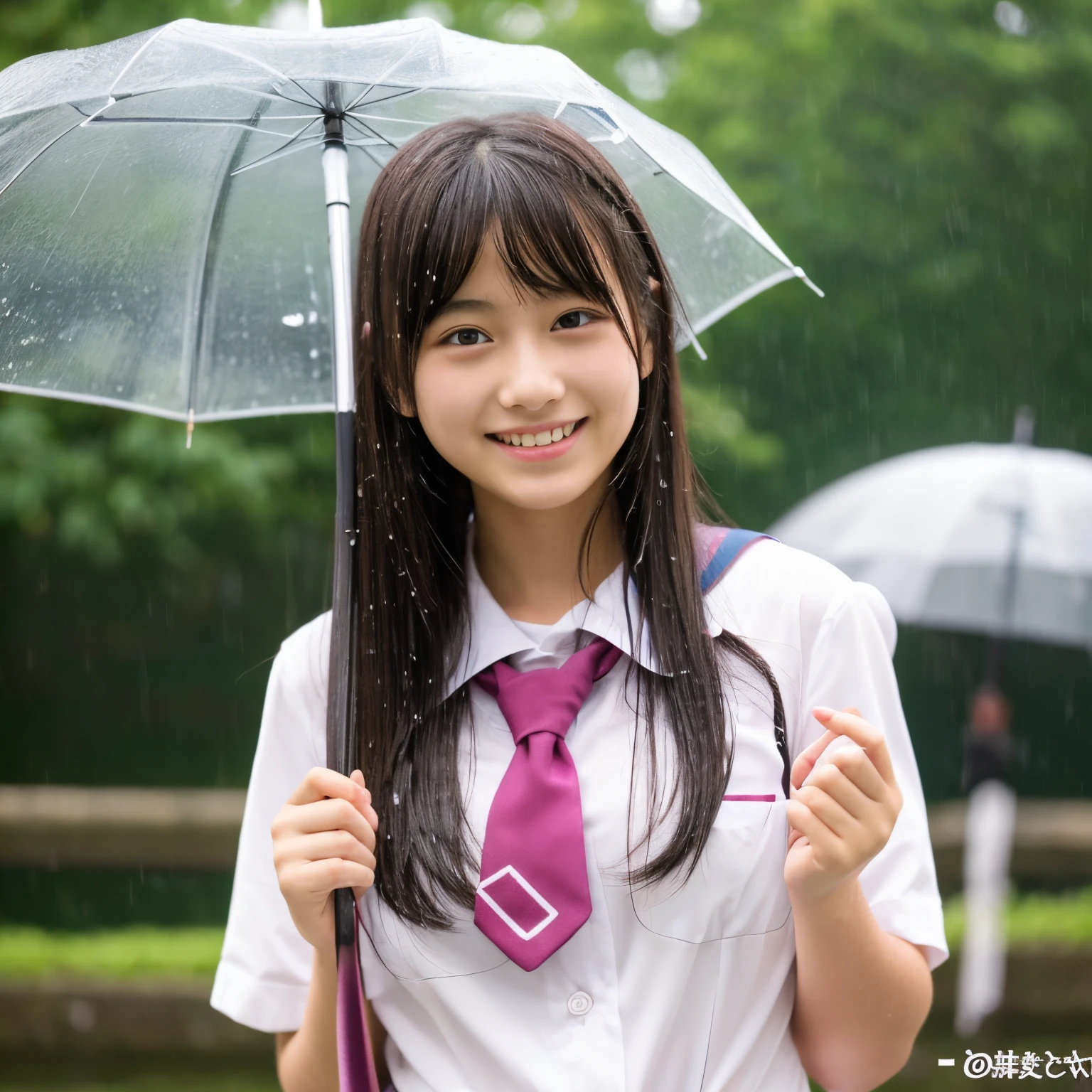 hi-school girl、、Cute Japan Girl、japanese hight school uniform、My skin is transparent because it's wet from the rain、She's not wearing any underwear, so her pink nipples are clearly visible.、Smiling smile