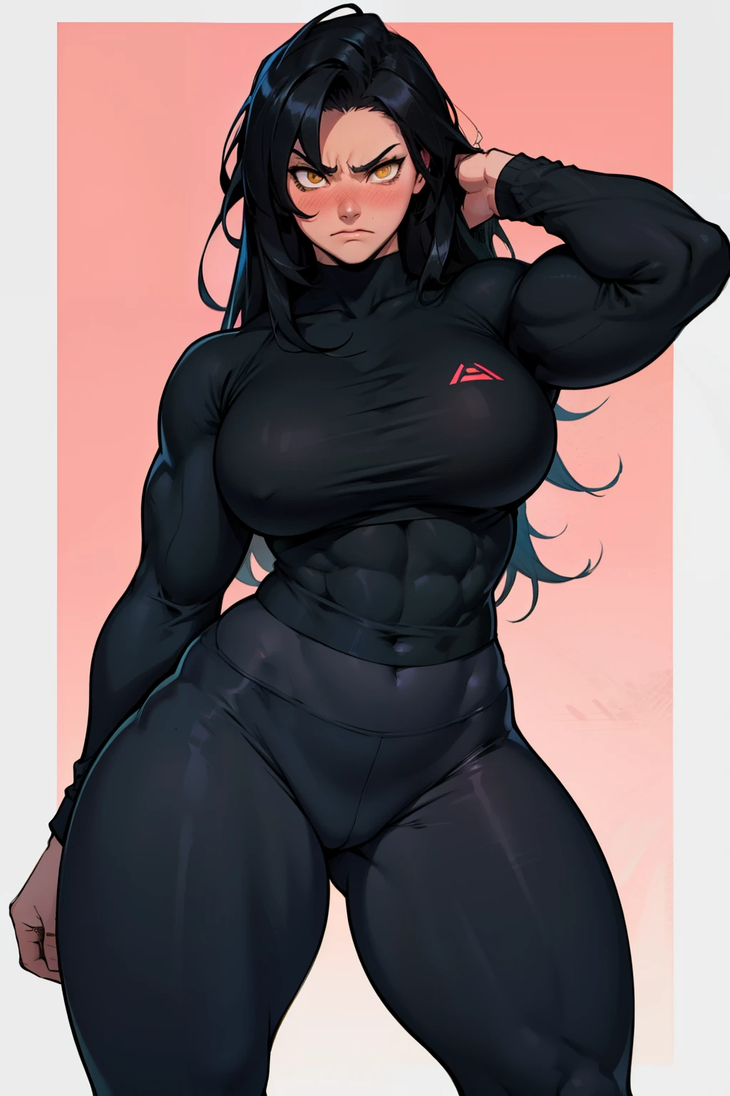 1girl solo black hair yellow eyes very long hair pale skin muscular muscular muscular muscular toned body huge muscles thick thighs girl tight clothes angry blushing long straight hair leggings tight shirt long sleeves thick thick thick thick