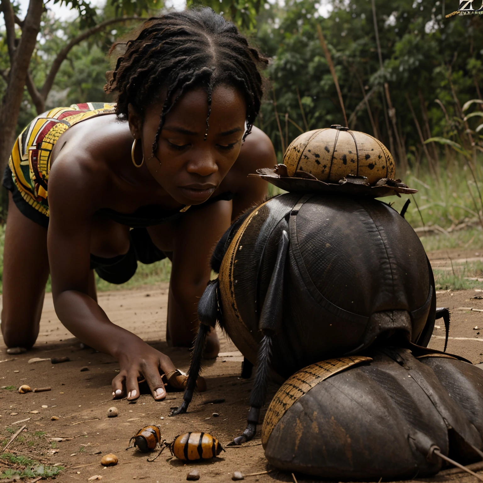 Africans hunting beetle and with sad face