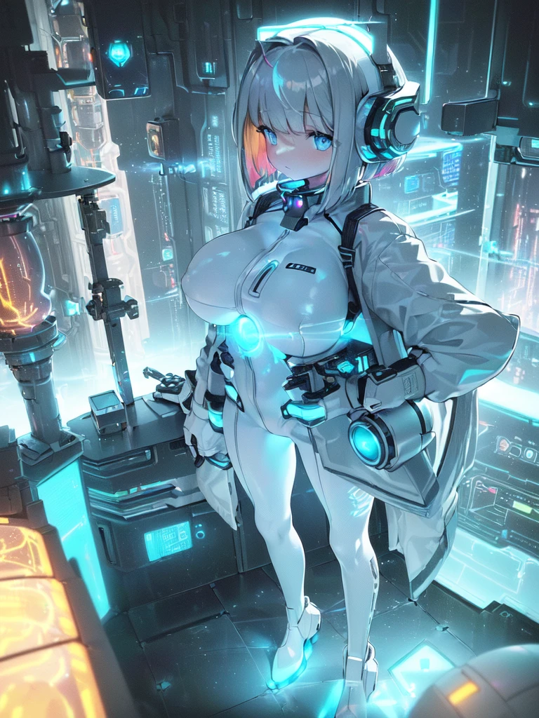 masterpiece:1.4, 1girl in ((20yr old, Wearing a futuristic white and silver costume, Tight Fit Bodysuit, long boots, Very gigantic-breasts, Multicolored blonde hair, a short bob, Perfect model body, Blue eyes:1.2, Wearing headphones, Looking out the window of the futuristic sci-fi space station、While admiring the beautiful galaxy:1.2, SFSF control room on night background:1.1, Neon and energetic atmosphere:1.2)) ((Galaxy))Translucent skin,White bodysuit, Mechanical, Cowboy Shot, spaces, Sitting, From above, Large breasts, bones