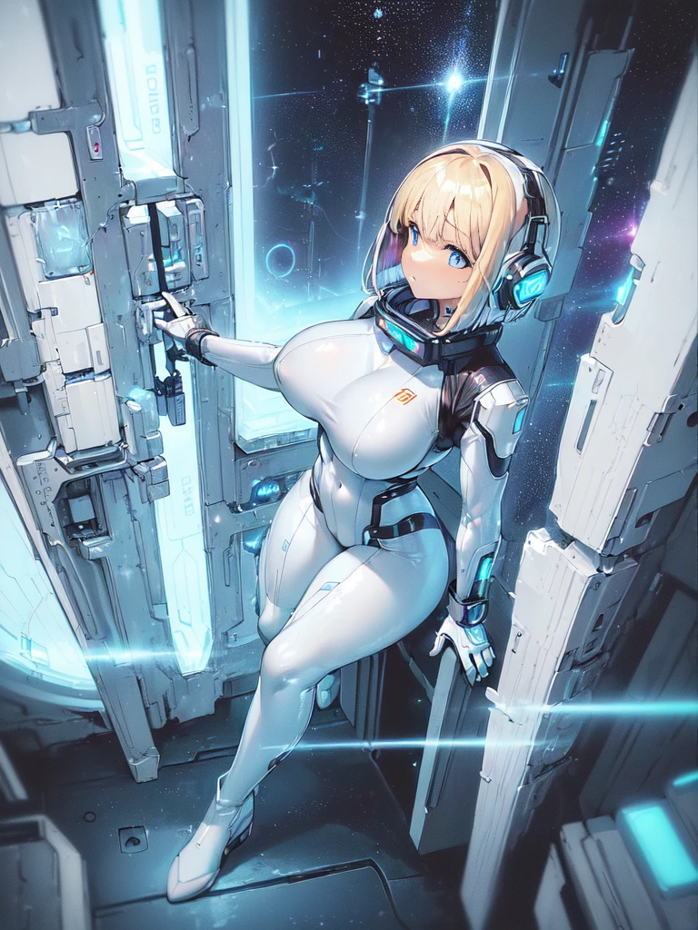 ​masterpiece:1.4, 1girl in ((20yr old, Wearing a futuristic white and silver costume, Tight Fit Bodysuit, long boots, Very gigantic-breasts, Multicolored blonde hair, a short bob, Perfect model body, Blue eyes:1.2, Wearing headphones, Looking out the window of the futuristic sci-fi space station、While admiring the beautiful galaxy:1.2, SFSF control room on night background:1.1, Neon and energetic atmosphere:1.2)) ((Galaxy))Translucent skin,White bodysuit, Mechanical, Cowboy Shot, spaces, Sitting, From  above, Large breasts, bones