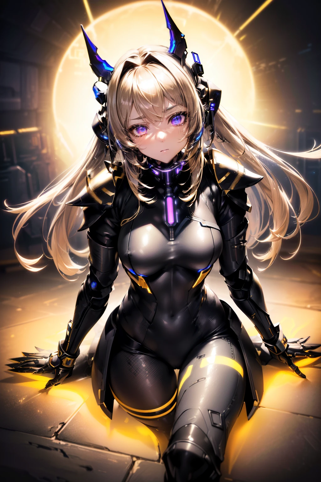 Arknights girl (masterpiece), best quality, expressive eyes, (((in hyper realistic and detailed neon-lit sci-fi plugsuit black & golden armor, aethereal aesthetic style))) beauty korean idoll, intricate perfect beauty cute face, detailed sharp eyes, hyper realistic and detailed hair, (((from face to the waist))), (((beauty slim shape))), 4k, UHD