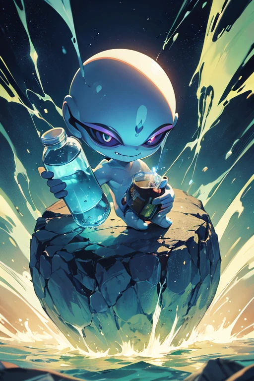 Generate the image of an alien, with drunken features and smiling, holding a bottle in his right hand. Ele deve estar em uma imagem em terceira pessoa, dentro de um disco voador, com o parabrisa quebrado, por ter colidido com uma montanha.