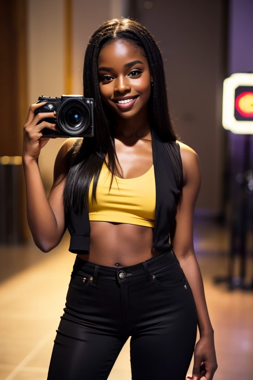 ((attractive brown skin,girl with dimples)),((Warm smile and dimples)),((wearing black clothes)),((Posing with camera))she a photographer((hyper realisitc))((Perfect short African hair))((girl with dimples))A charming girl,She petite,She taking a picture of someone((hyper realisitc))tmasterpiece,Female photographer,exteriors,XTarticles,tmasterpiece,hyper realisitc。textures true to reality,