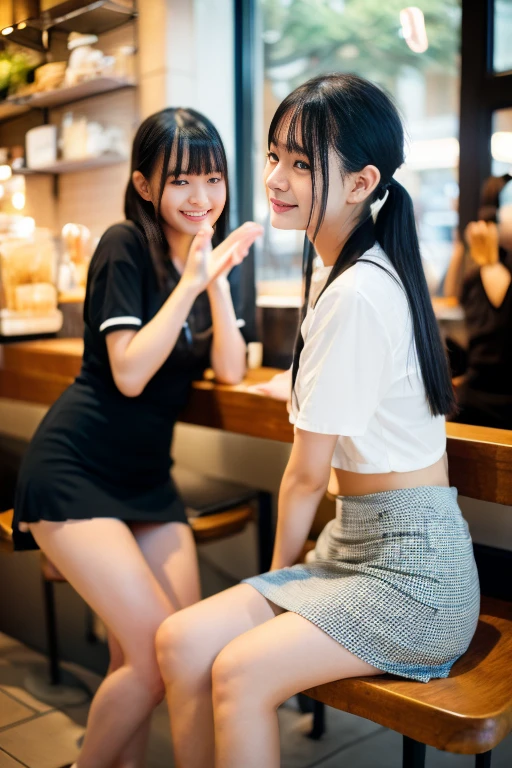 Model-like Japanese university students chatting happily at a cafe.、Sitting on a chair、Very short skirt、I can see my feet from under the desk、cafes、Looking into the distance、ami、portrait shooting、Very detailed face、Face like an idol、One leg raised、Panties are visible、extremely short skirts、slit、Thigh、s ass、Looking into the distance