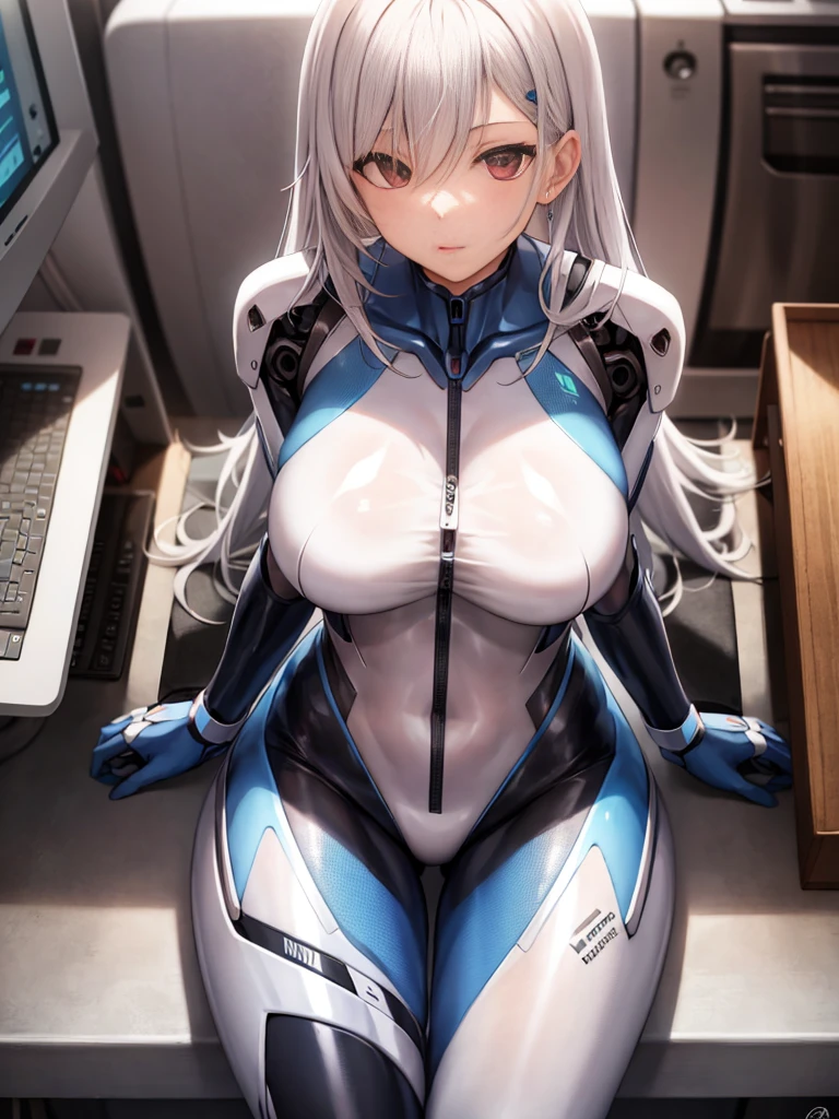 masutepiece, Best Quality, 1girl in, Translucent skin, Blue bodysuit, Mechanical, Cowboy Shot, spaces, Sitting, From  above, Large breasts, bones