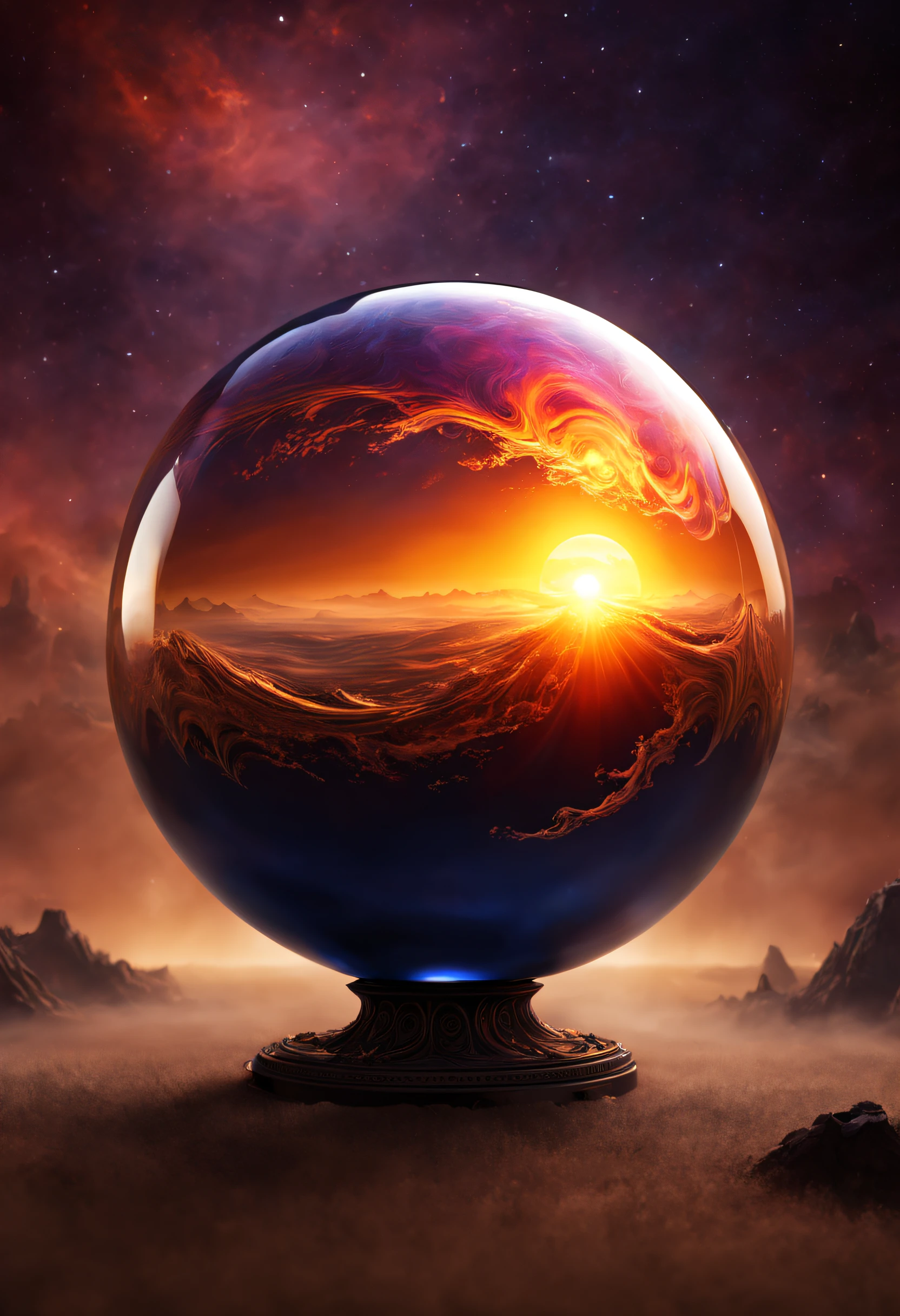 a magnificent sunset on a strange and mysterious alien glass sphere style planete. It's very textured and detailed with dreaming lot of whirlwind and dreaming dust