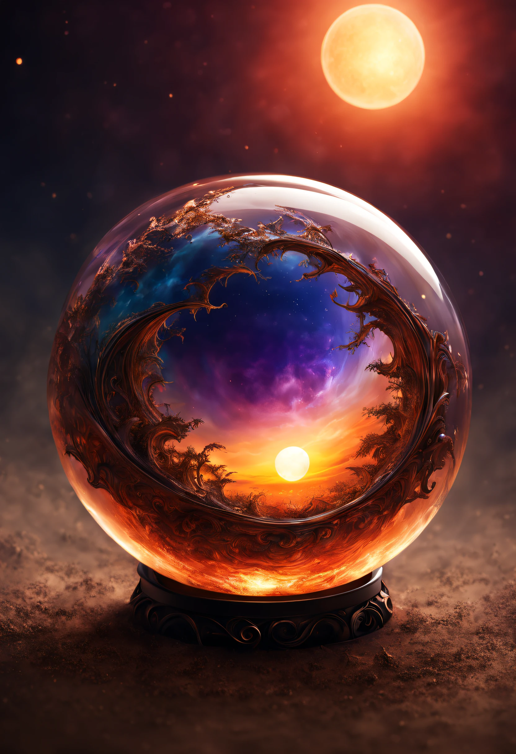 a magnificent sunset on a strange and mysterious alien glass sphere style planete. It's very textured and detailed with dreaming lot of whirlwind and dreaming dust