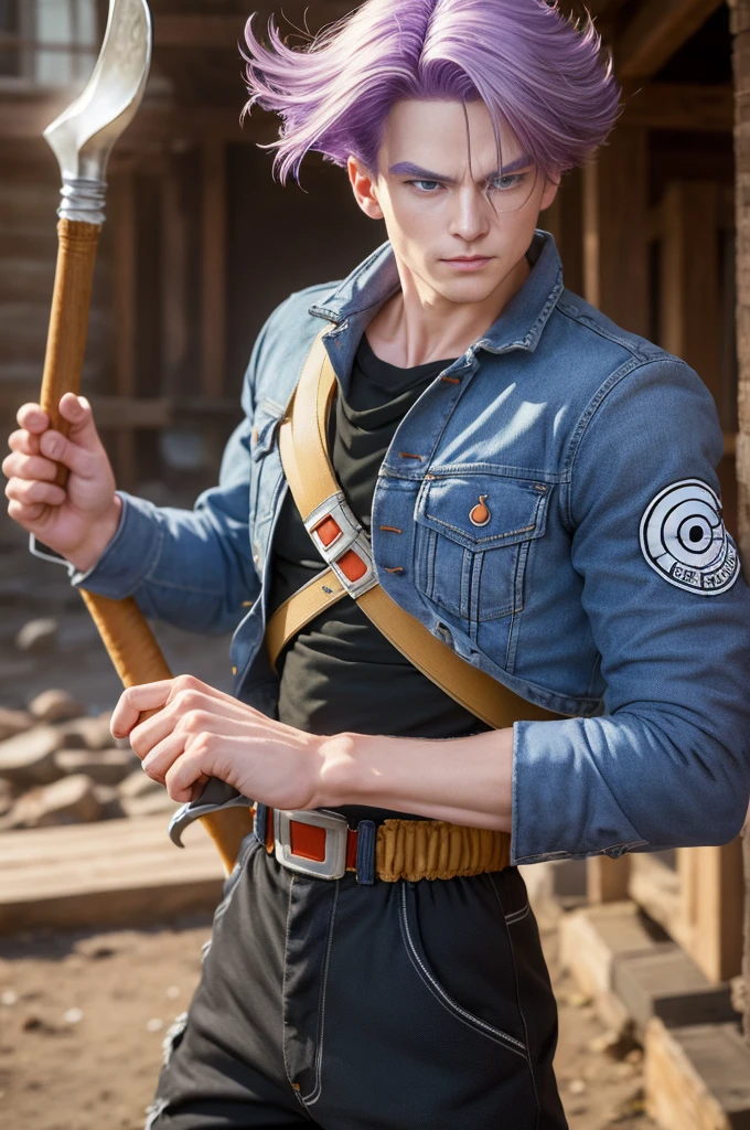(masterpiece, best quality:1.2), cowboy shot, solo, male focus, 1boy, trunks \(dragon ball\), serious, closed mouth, purple hair, blue eyes, jacket, shirt, pants, sword