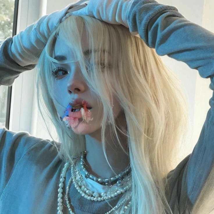 Mujer rubia con flor falsa en la boca y pelo largo., Retrato de Kim Petras, Parque Roseanne de Blackpink, con pelo largo blanco, Parece una mezcla de grimes, Ava Max, Parece una mezcla de grimes, con el pelo largo y blanco, extremely pale blond hair, su cabello blanco, Parecido a una mezcla de mugres, con cabello largo y rubio, Billie Eilish