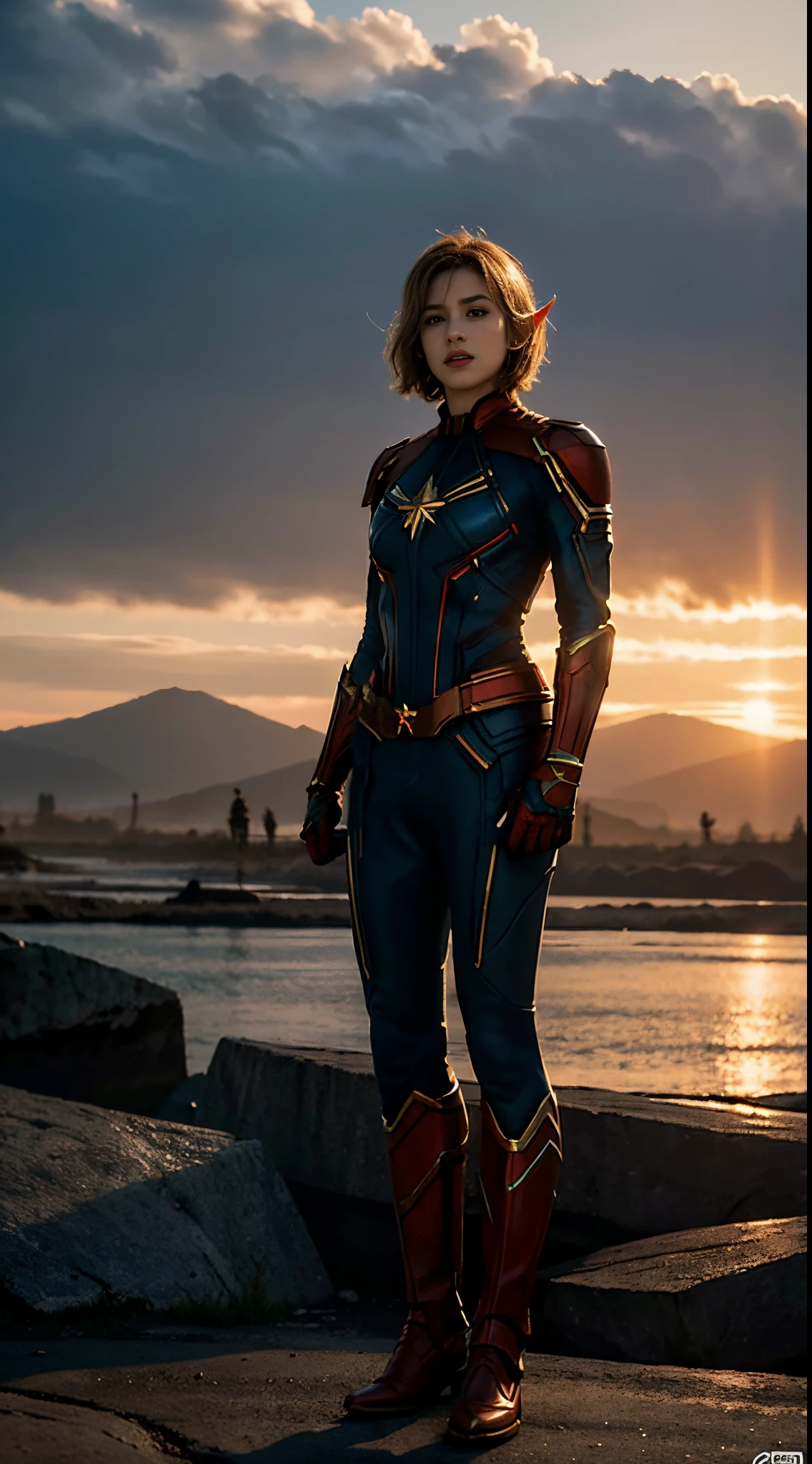 Keswin Full Body Shot: 1, Side Lighting, (Short Elf Hair: 1.3), Edge Lighting on Hair, Shallow and Clear Depth of Field, Female Hero, (Curve: 1.4), (Very Detailed), (Award-Winning Workasterpiece), Movie Stills, (HDR), (8k Wallpaper), Captain Marvel Suit, Flight, Sky Background, Female Focus
