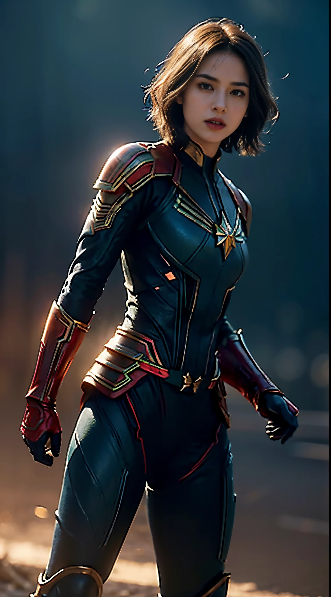 Keswin Full Body Shot: 1, Side Lighting, (Short Elf Hair: 1.3), Edge Lighting on Hair, Shallow and Clear Depth of Field, Female Hero, (Curve: 1.4), (Very Detailed), (Award-Winning Workasterpiece), Movie Stills, (HDR), (8k Wallpaper), Captain Marvel Suit, Flight, Sky Background, Female Focus