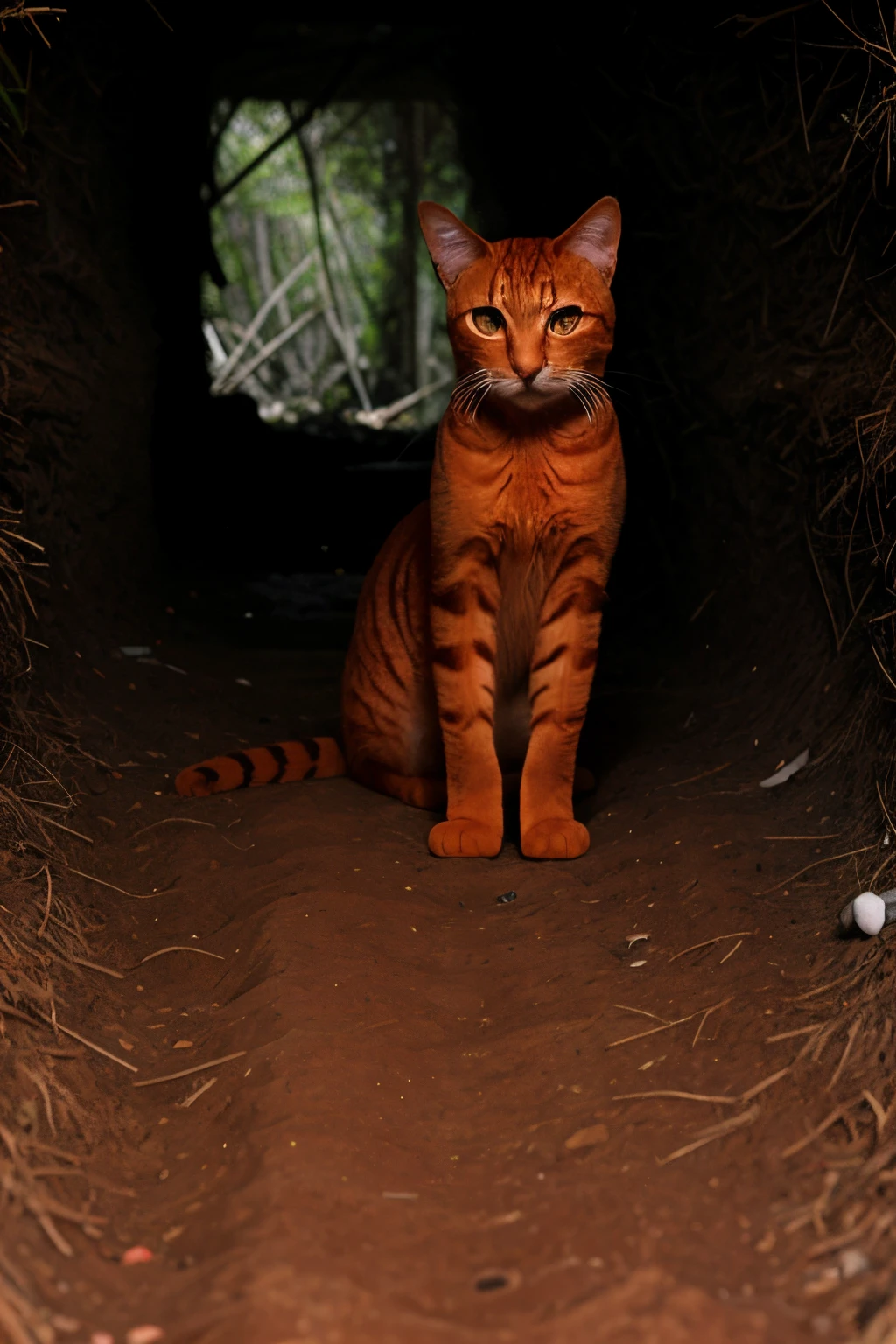 orange cat from world war 1 inside trenches firing a rifle