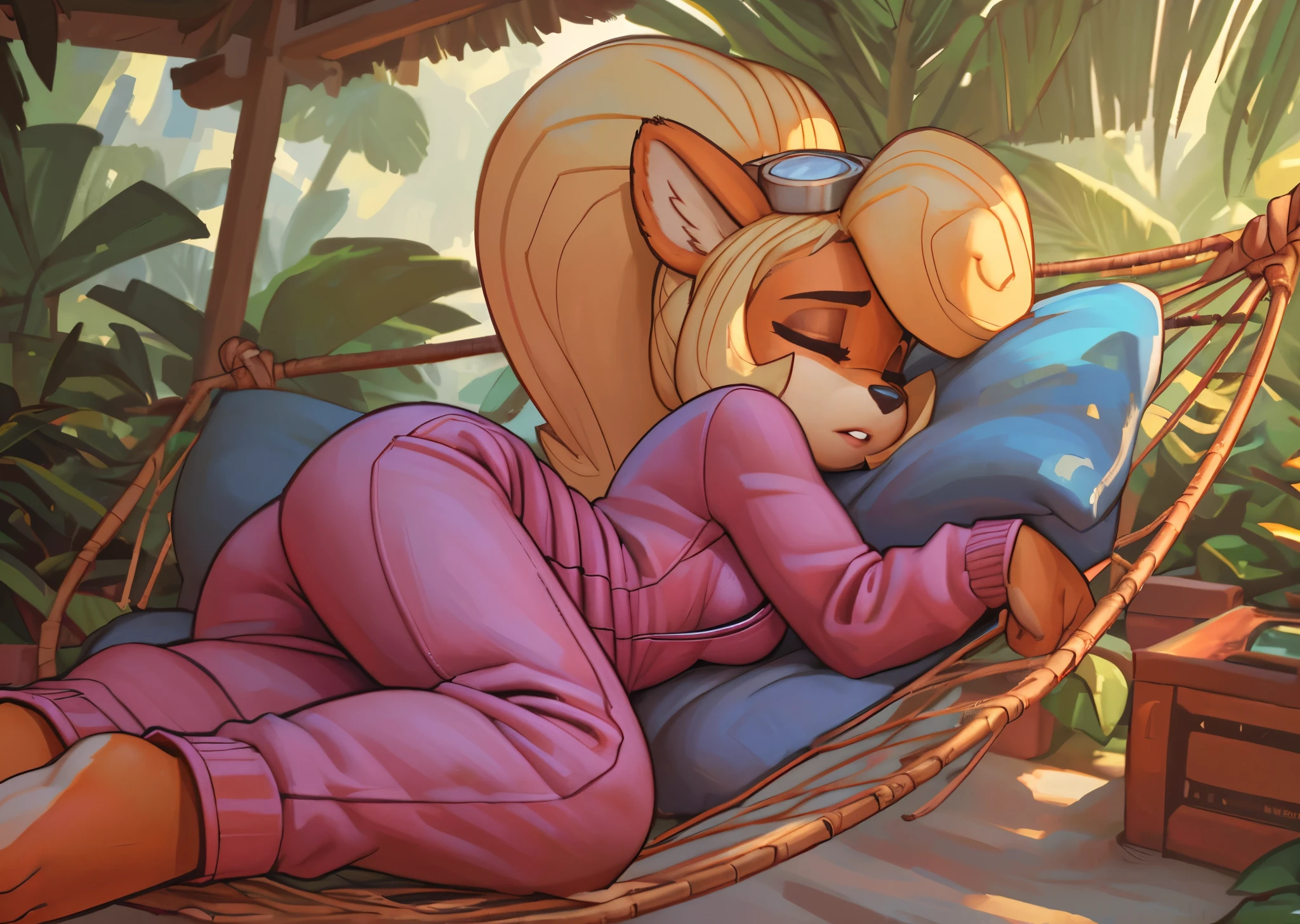 [Coco bandicoot], [Uploaded to e621.net; (Pixelsketcher), (wamudraws)], ((masterpiece)), ((HD)), ((solo portrait)), ((full body)), ((back view)), ((feet visible)), furry; anthro)), ((detailed fur)), ((detailed shading)), ((beautiful render art)), ((intricate details)), {anthro; orange fur, black nose, blonde curly hair, curly ponytail, (small boobs), (curvy hips), (beautiful legs), (beautiful feet), (sleeping)}, {(pink sports bra), (pink panties)}, {(on hammock), (head on pillow), (laying on side)}, [background; (tropical forest), (indoors), (living room), (blue sky), (sun rays), (ambient lighting)]