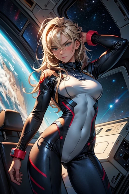 sandy hair muscular large breasts slender thighs slender waist pilot suit solo looking at viewer in space long hair blushing determination