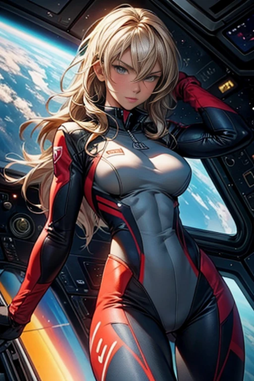 sandy hair muscular large breasts slender thighs slender waist pilot suit solo looking at viewer in space long hair blushing determination