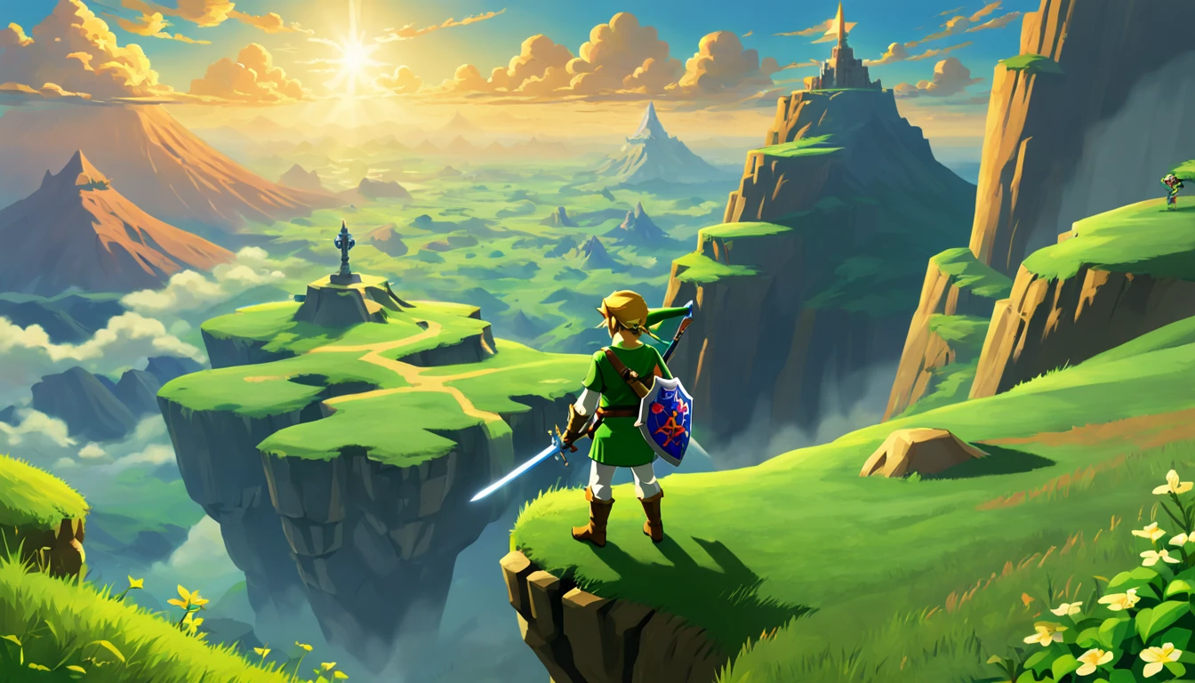 A man stands on the edge of a cliff with a sword, Boshi, Sopro da Natureza, estilo chefe, Lenda de Zelda: Sopro da Natureza, atmosfera selvagem, estilo de arte selvagem, O estilo Lenda de Zelda, Sopro do Estilo Selvagem, arte do jogo nintendo, Lenda de Zelda, Lenda de Zelda, Um retrato de Link, Inspirado por:《Lenda de Zelda》: Sopro da Natureza