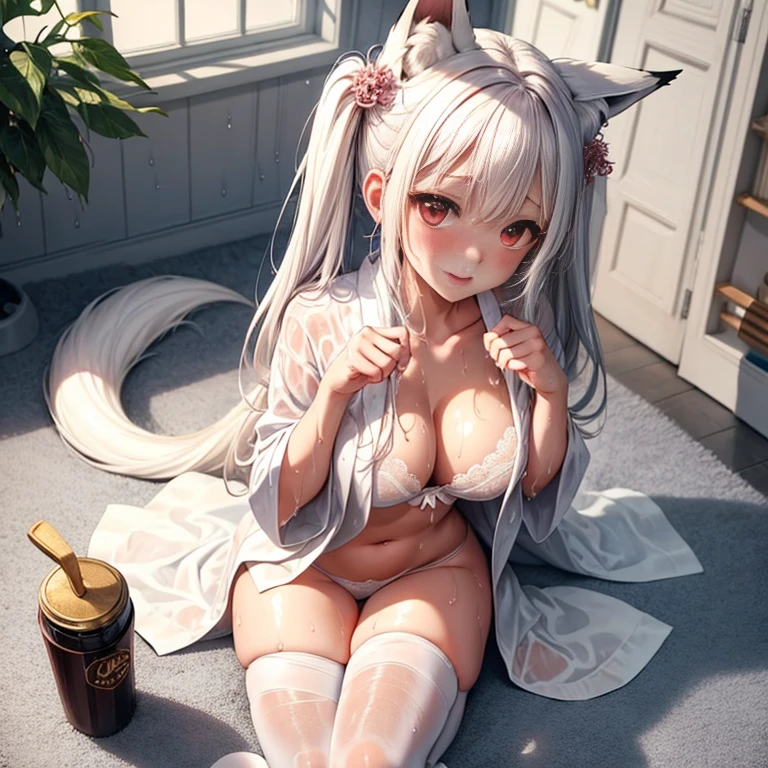 masterpiece、top-quality、1girl in。(bathrobe:1.2), white hair,Red Eyes,(mare:0.8), (Fantastical:0.7), (A smile:0.8),fox ear,salon,wear bra, wear dress , wet clothes,wet hanging,salon, perfect body, perfect breast,((blush on: 1.2)),((fox-tails:1)), perfect big fox-tails, crop top, white legwear,hair bobbles, tights, recumbent on the bed, hot, top view, girl below, looking up, Wear dress, white suit,((wet:1.3)), neckline, navel, t-shirt, ((bra)), clothes lift