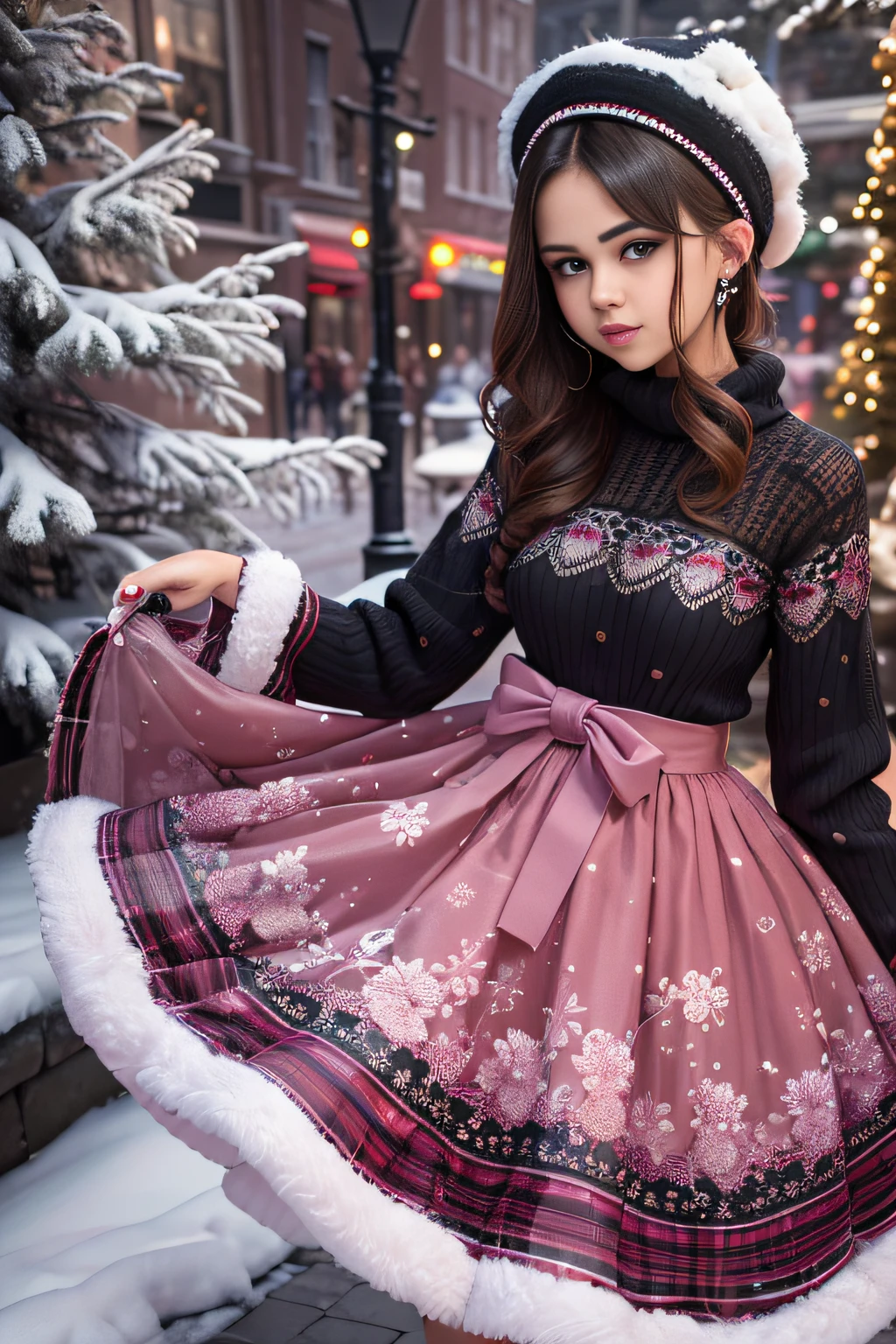 ((Selena Gomez)), (masterpiece), (piece of art), (award winning picture),  in a colorful christmas skirt holding a christmas cake, wearing a winter christmas skirt, wearing skirt, with colored snow crystals, dressed in a snow crystal, wearing a wonderful skirt, colorful winter skirt,  an intricate christmas skirt, detailed skirt, sexy dress, opened skirt