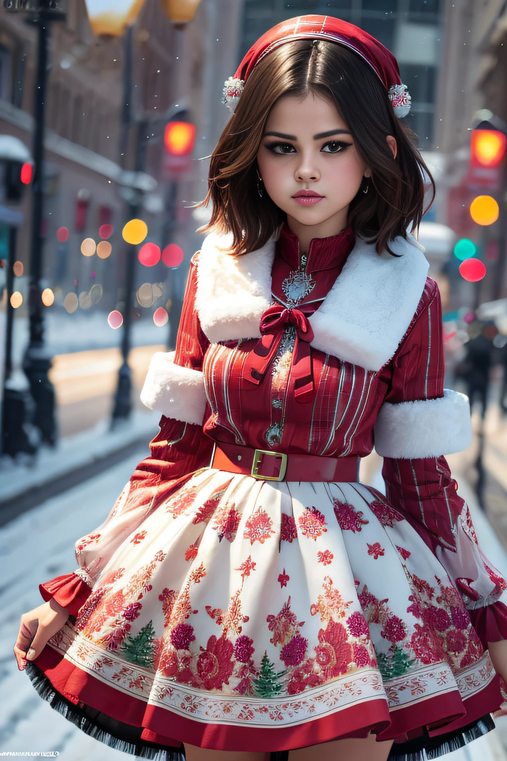 ((Selena Gomez)), (masterpiece), (piece of art), (award winning picture),  in a colorful christmas skirt holding a christmas cake, wearing a winter christmas skirt, wearing skirt, with colored snow crystals, dressed in a snow crystal, wearing a wonderful skirt, colorful winter skirt,  an intricate christmas skirt, detailed skirt, sexy dress, opened skirt