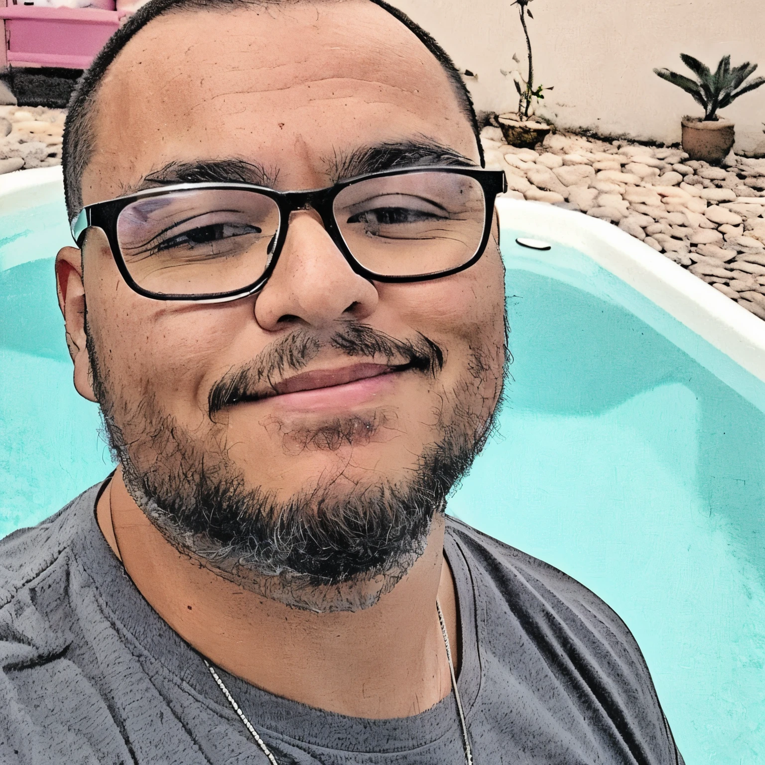 32 year old man, wearing glasses, short hair, almost bald