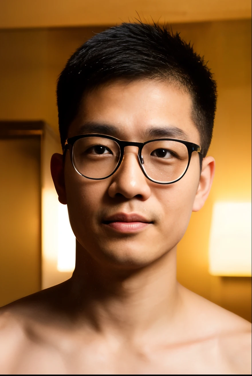 Andrew thomas huang, oval face, eyeglasses, neat muscular,