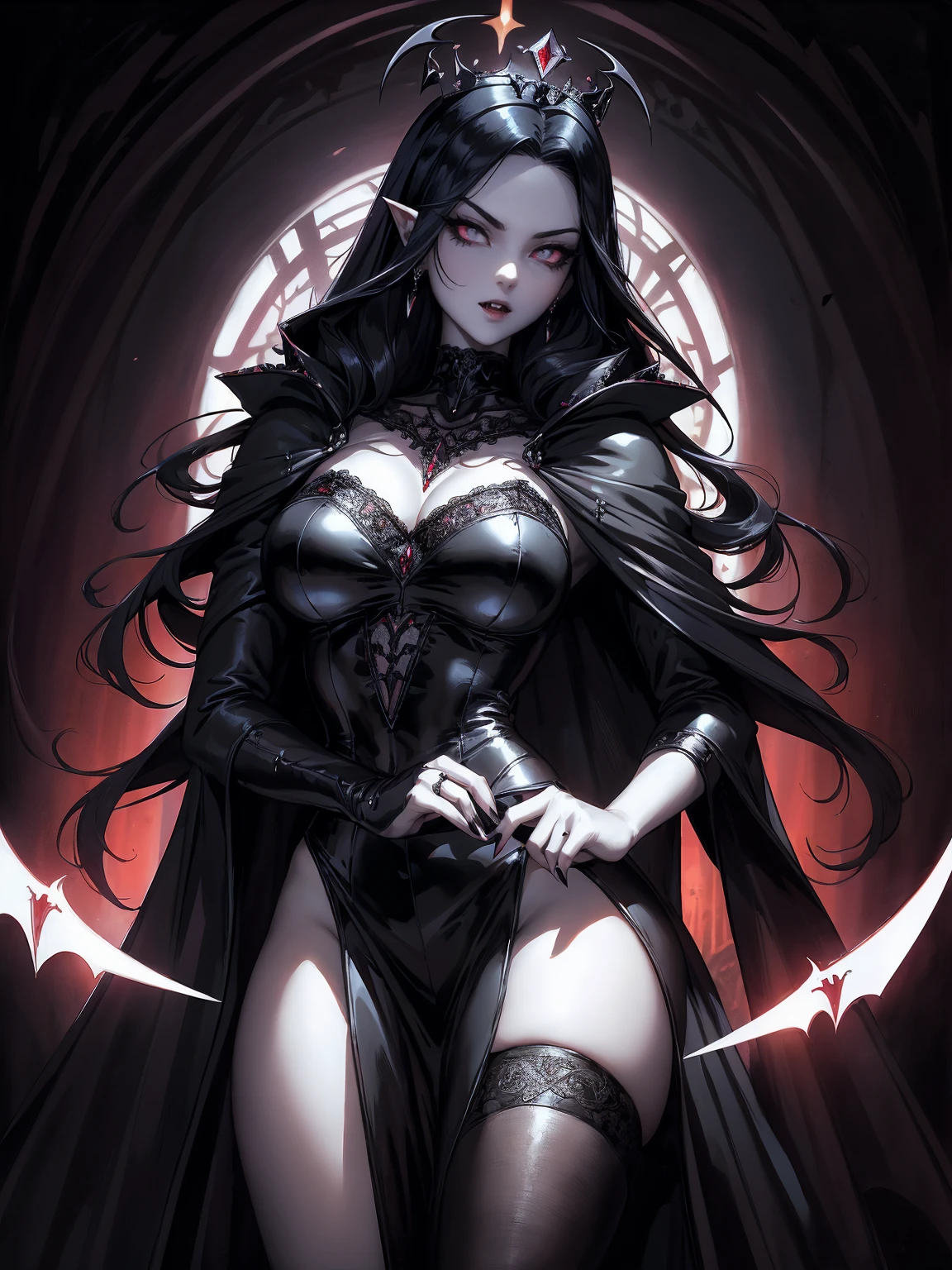 absurdres, ((stunning female Vampire))), goth Renaissance, (long black hair:1.erfect and detailed angular sharp oval shaped face, ((redeyes)), jewelry, red and black tetradic colors, full lips, gothic castle background, (solo), perfect anatomy, approaching perfection, ethereal, intricate details, ultra-high definition, 12k resolution, goth aesthetic, smooth, sharp focus, dreamy, glowing, backlit, glamour, glimmer, fantastical, shadows, smooth, Gothic crown, illustration