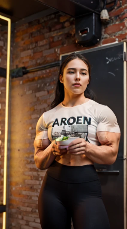 Rinda rousey ,A heavily muscled iffb pro female bodybuilder, serious face, white t-shirt, black leggings, original black long hair, long eyelashes, beautiful eyes with brightness, surrealism, shadow, stereogram, (photorealistic, realistic: 1.2), POV, atmospheric perspective, cinematic lighting, ray tracing, 8k, super detail, best quality, masterpiece, well detailed, (Canan EOS R6, 135mm, 1/1/2.8, ISO 400:0.9), cyberpunk, neon, neon signs, ramen shops