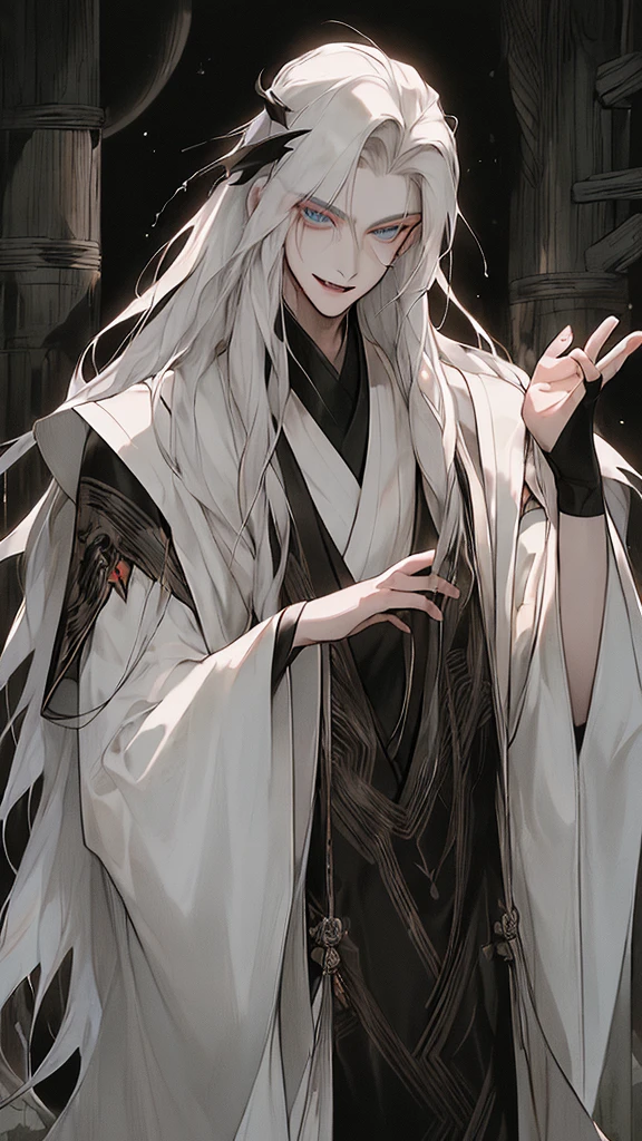 tmasterpiece，Best Picture Quality，Long black male wearing white robe，Long, flowing hair，Hanfu，Wide-sleeved robe，ancient wind，Solid color clothes，The clothes do not have any patterns，Smilingly，gentlesoftlighting，water ink，Behind it  the full moon，Vampire fangs, eBlue eyes，sharp look，