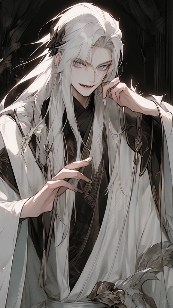 tmasterpiece，Best Picture Quality，Long black male wearing white robe，Long, flowing hair，Hanfu，Wide-sleeved robe，ancient wind，Solid color clothes，The clothes do not have any patterns，Smilingly，gentlesoftlighting，water ink，Behind it  the full moon，Vampire fangs, eBlue eyes，sharp look，