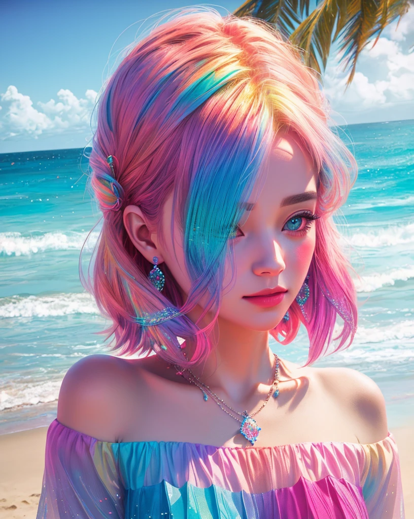 Beach, sea through dept, cinema 4d colorful render, made of multicolored crystals, Double exposure effect of a woman's face portrait