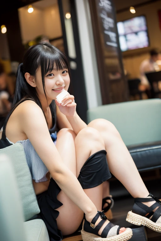 Japanese university students chatting happily while drinking coffee at a cafe.Sitting on the sofa、a short skirt、I can see my feet from under the desk、cafes、Looking into the distance、ami、portrait shooting、Very detailed face、Face like an idol、One leg raised、The skirt is short and you can clearly see the pants.、slit、Thigh、Legs wide open、Looking into the distance、Model body type、Opening legs