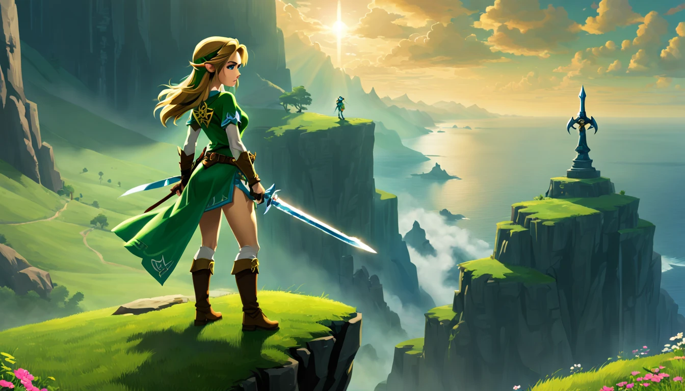 A woman stands on the edge of a cliff with a sword, "Kate Beckinsale", Sopro da Natureza, estilo guerreira, Lenda de Zelda: Sopro da Natureza, atmosfera selvagem, estilo de arte selvagem, O estilo Lenda de Zelda, Sopro do Estilo Selvagem, arte do jogo nintendo, Lenda de Zelda, Lenda de Zelda, Uma imagem de corpo inteiro, Inspirado por:《Lenda de Zelda》: Sopro da Natureza