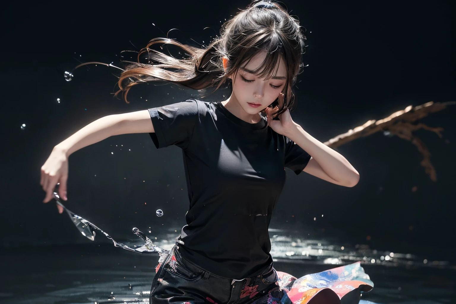 ultra high resolution, ((masterpiece))), (((best quality))), ((super detailed)),  ((extremely delicate and beautiful)),cinematic light, detailed environment(real), motion blur, depth of field, Black background
1 girl,solo,
(splashing:1.3),
