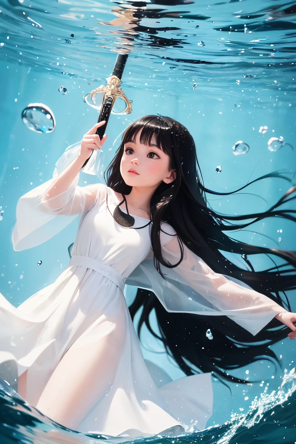 A girl wearing white dress,long black hair,under the water and is holding a sword
