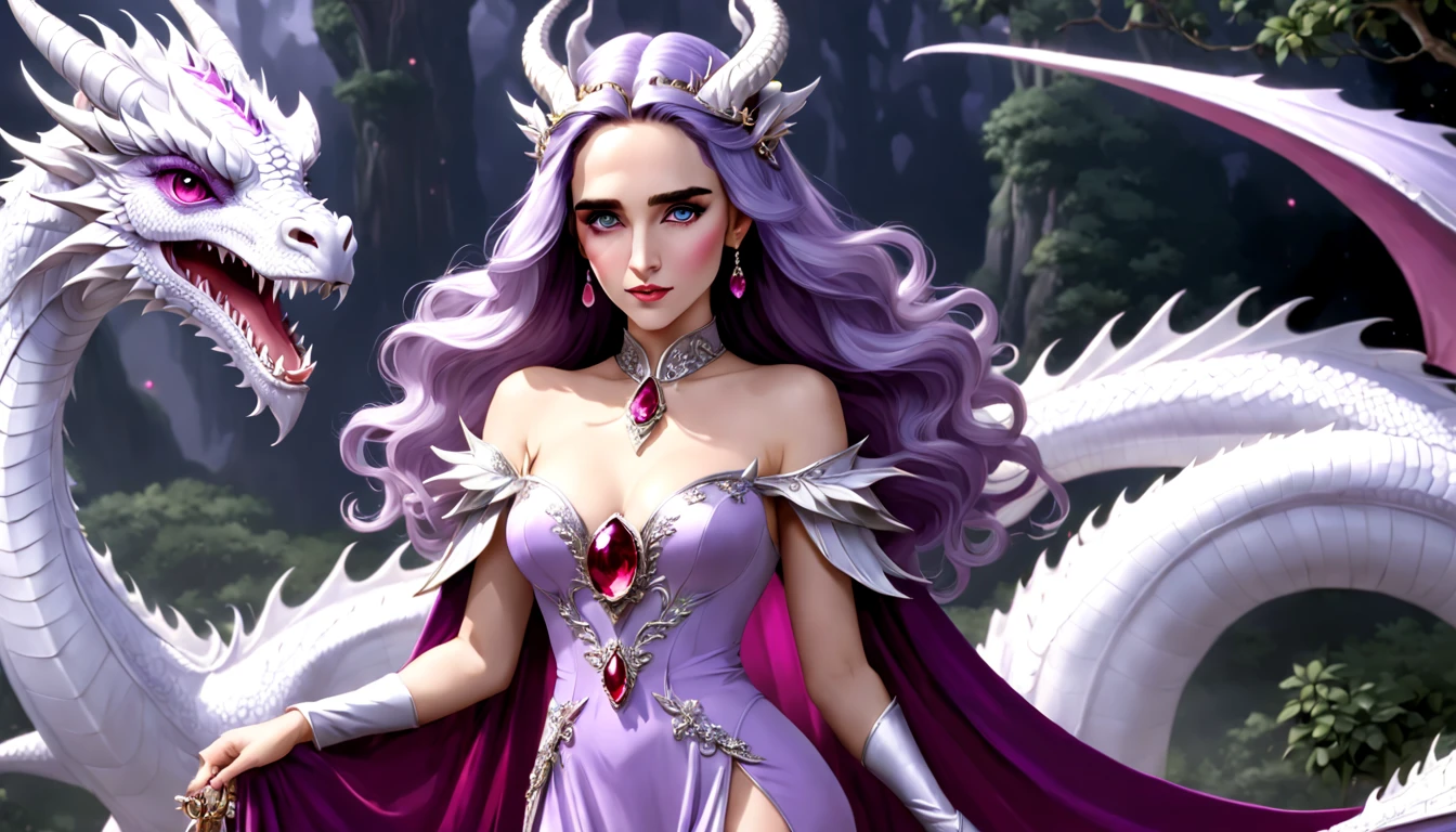 Queen of the White Dragon, mulher madura jovem, "Jennifer Connelly", Orelhas longas de elfos, elegant lilac Ruby dress, mama grande, Curvy, dragon ling vawy hair, Cabelos Super Longos, soft facial features, White dragon horns on his head, Mulher majestosa, silver decoration on her ruby lilac dress, Rainha Estrela Prateada, Grandes olhos azuis, cherry lips, White dragons, starly sky