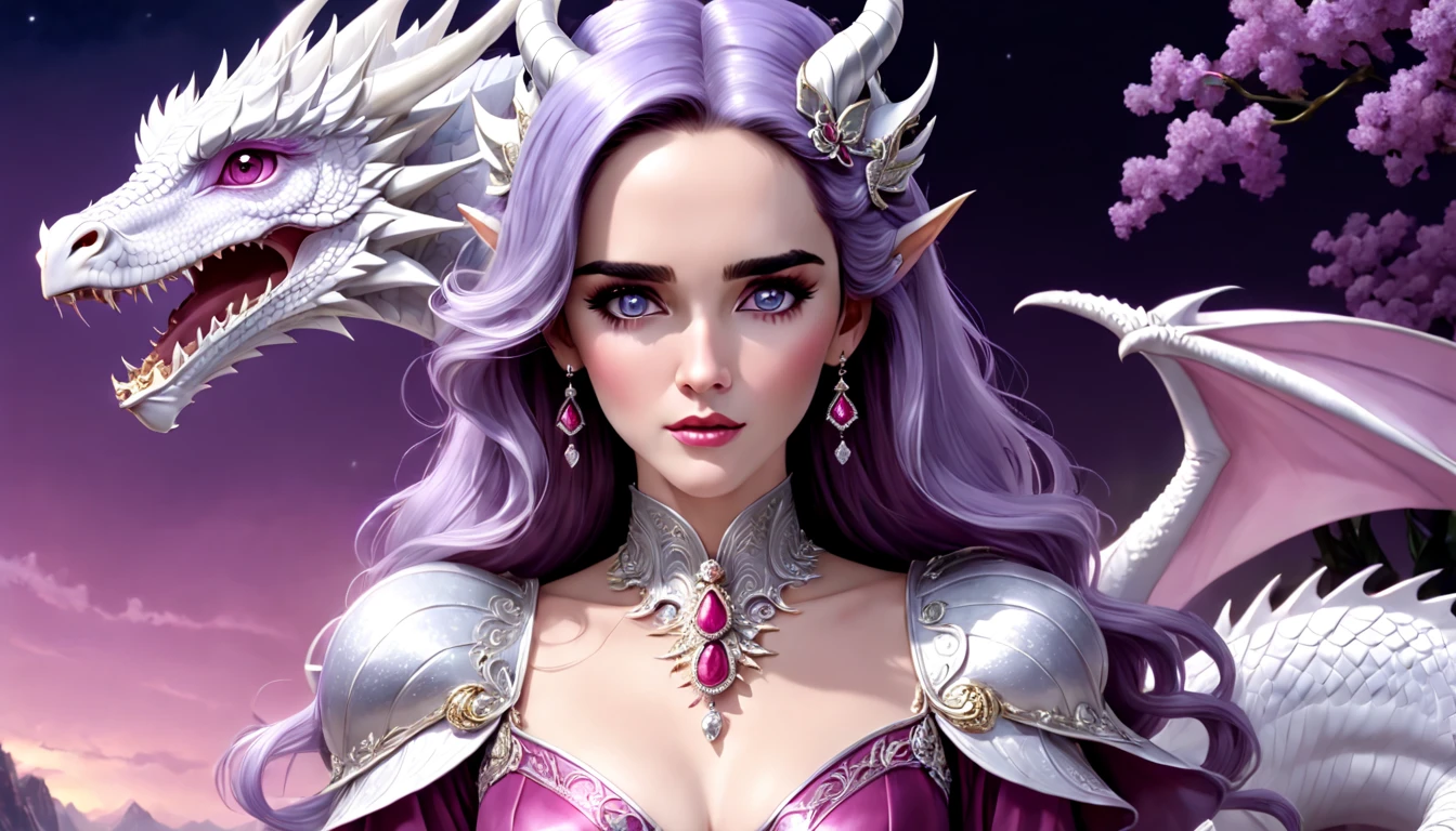Queen of the White Dragon, mulher madura jovem, "Jennifer Connelly", Orelhas longas de elfos, elegant lilac Ruby dress, mama grande, Curvy, dragon ling vawy hair, Cabelos Super Longos, soft facial features, White dragon horns on his head, Mulher majestosa, silver decoration on her Ruby lilac dress, Rainha Estrela Prateada, Grandes olhos azuis, cherry lips, White dragons, starly sky